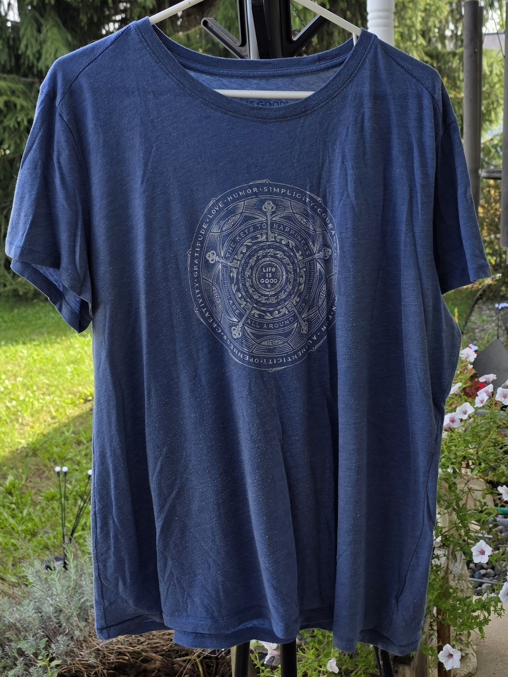 Life is Good Womens XL Slate Blue Keys To Happiness Mandala Graphic T-Shirt